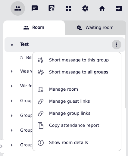 The context menu of an alfaview room is open. A list of all available room admin controls is displayed.