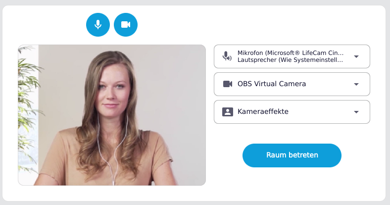 Das Fenster Schnelleinstellungen mit aktivierter Kamera und aktiviertem Mikrofon