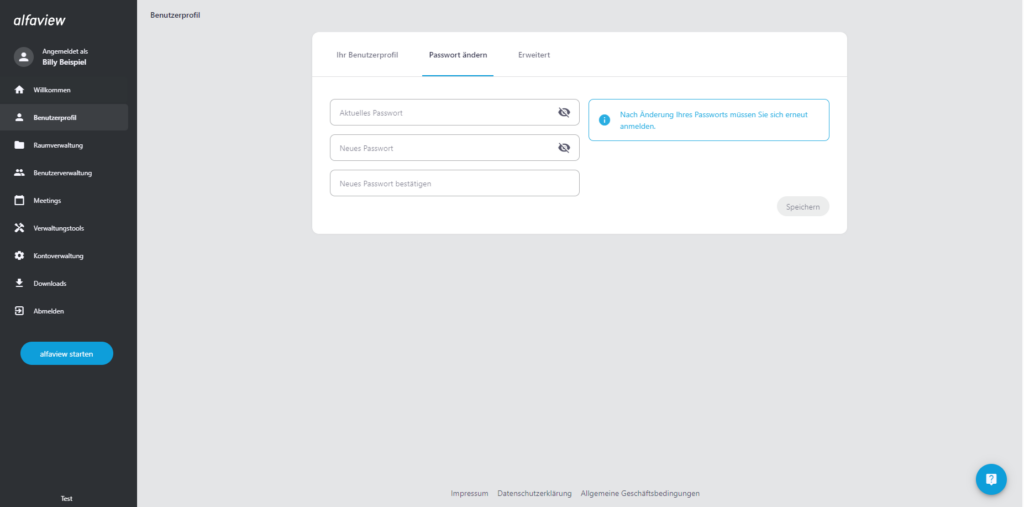 Screenshot des Profils auf der Verwaltungsoberfläche, der Reiter 'Passwort ändern' ist geöffnet