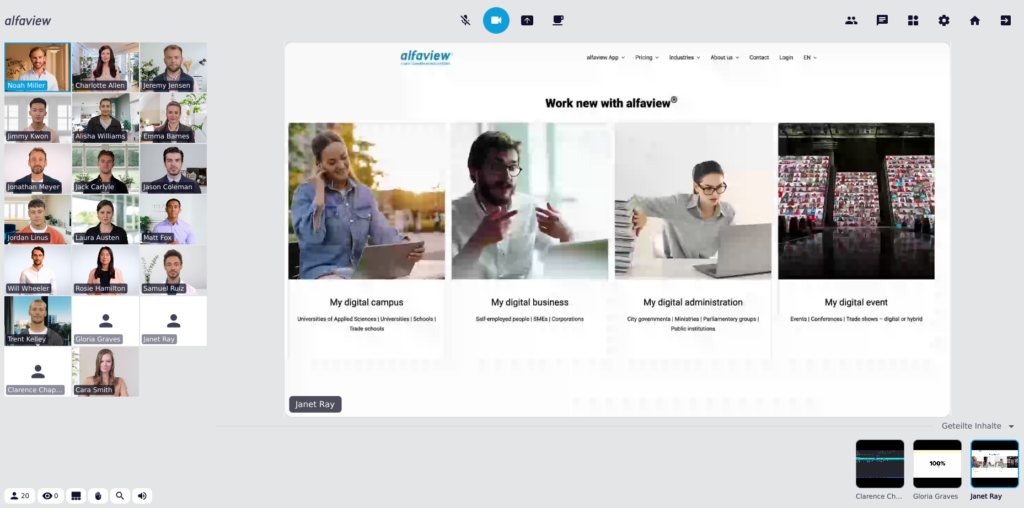 Screenshot der alfaview-App: eine Bildschirmübertragung läuft, Teilnehmende werden in der Galerieansicht angezeigt