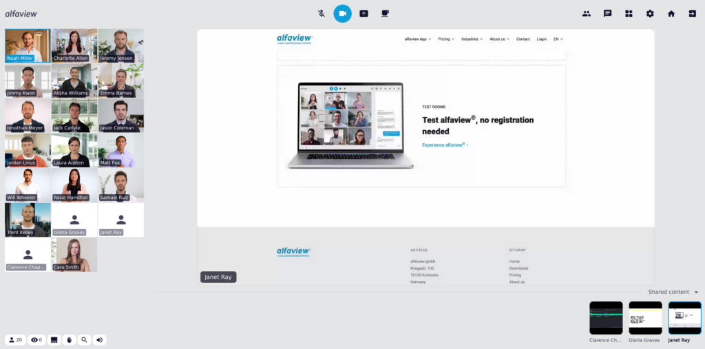 Screenshot of the alfaview app: While a screen is being shared, the participants are displayed to the left of the shared content.