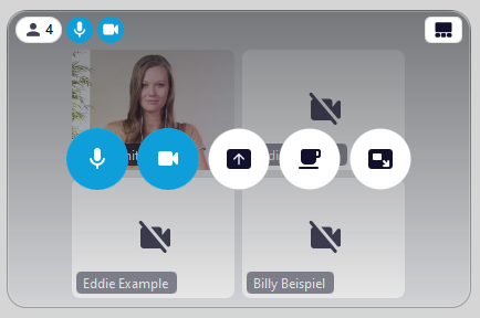 Screenshot of the functions active microphone, active camera, share screen, pause, return to main window in the mini window