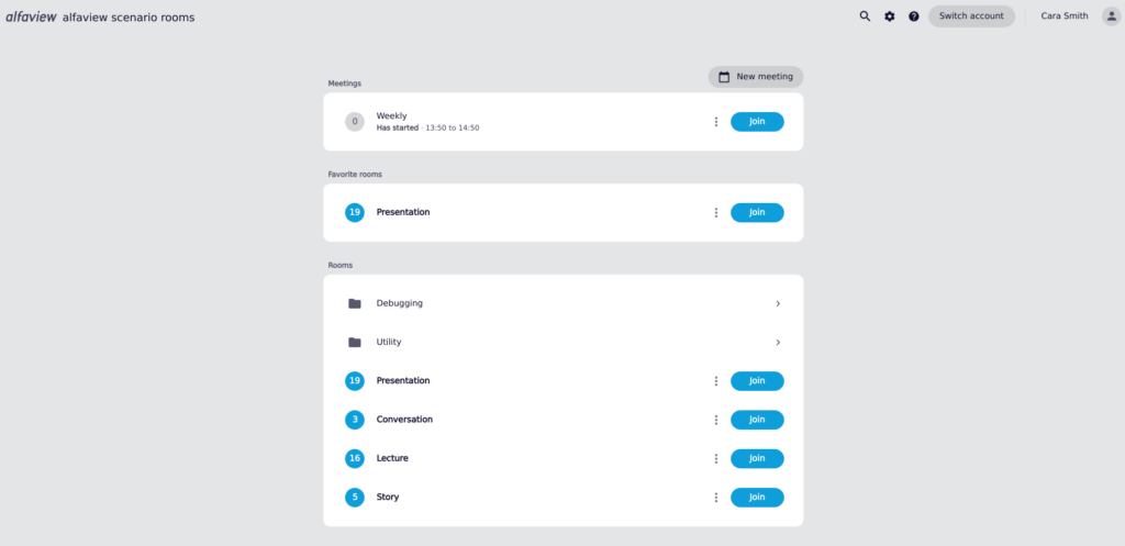 meeting and room list in the alfaview app