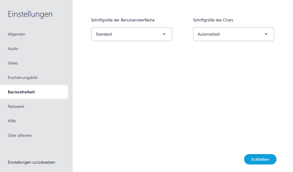 Screenshot des Reiters Barrierefreiheit der Einstellungen ist in alfaview