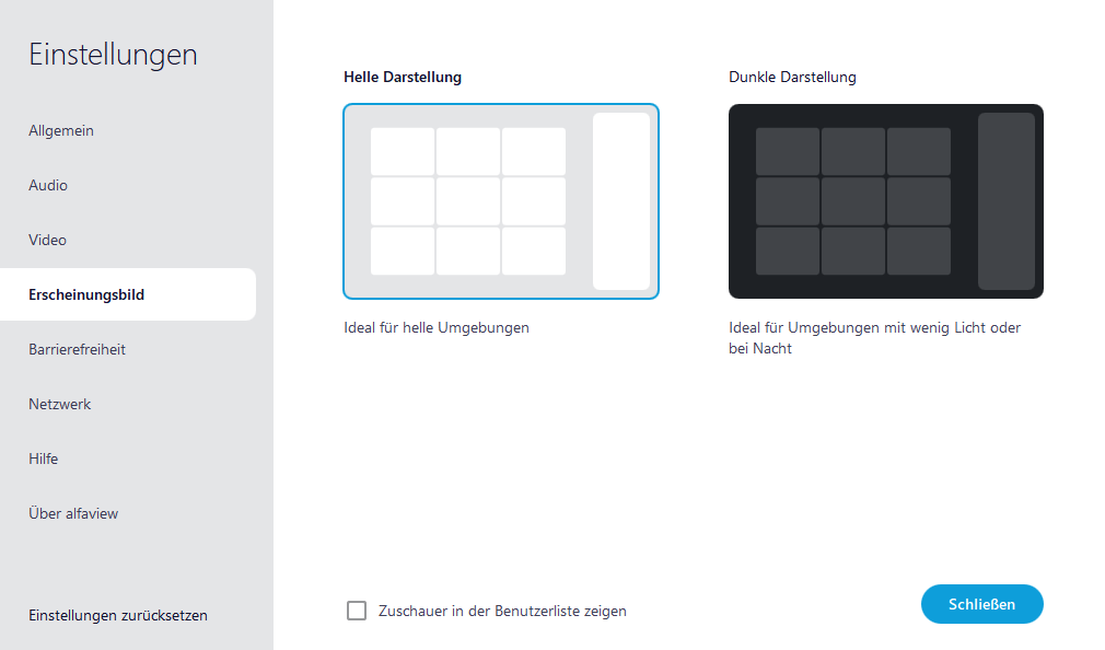 Screenshot des Reiters Erscheinungsbild der Einstellungen ist in alfaview