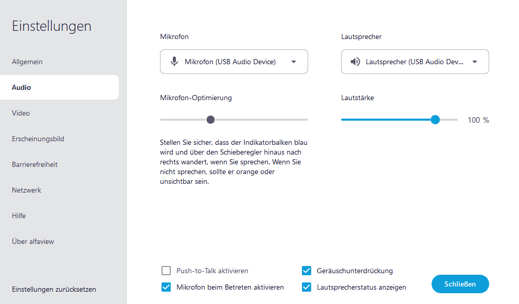 Screenshot des Reiters Audio der Einstellungen ist in alfaview