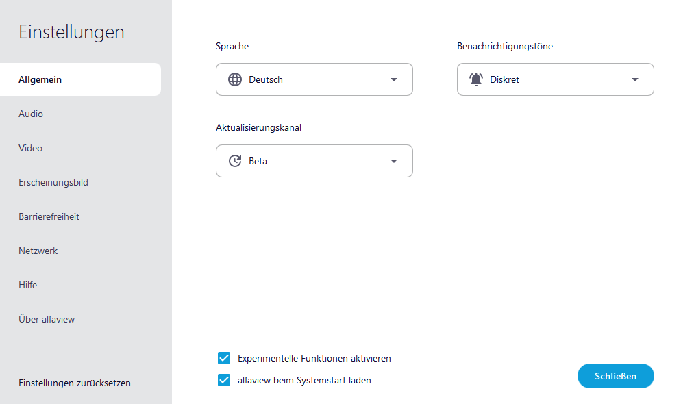 Screenshot des Reiters Allgemein der Einstellungen ist in alfaview