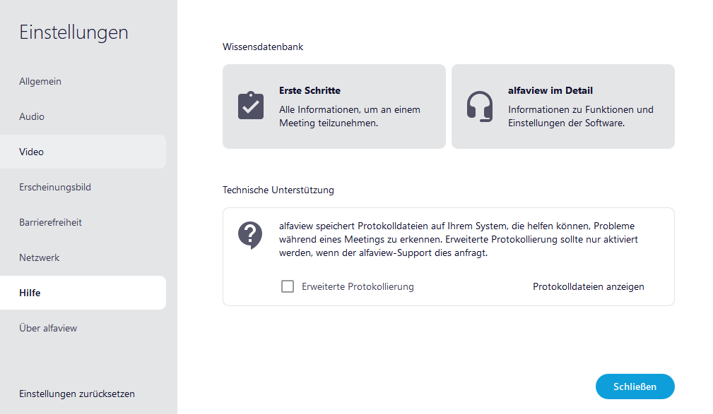 Screenshot des Reiters Hilfe der Einstellungen ist in alfaview