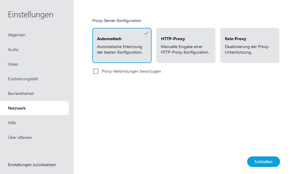 Screenshot des Reiters Netzwerk der Einstellungen ist in alfaview