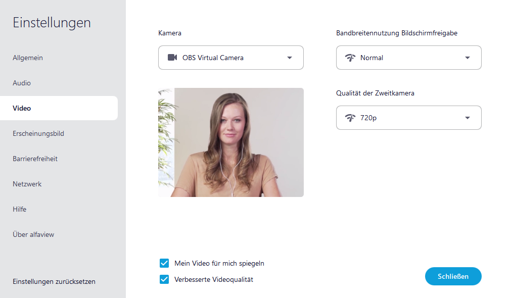 Screenshot des Reiters Video der Einstellungen ist in alfaview