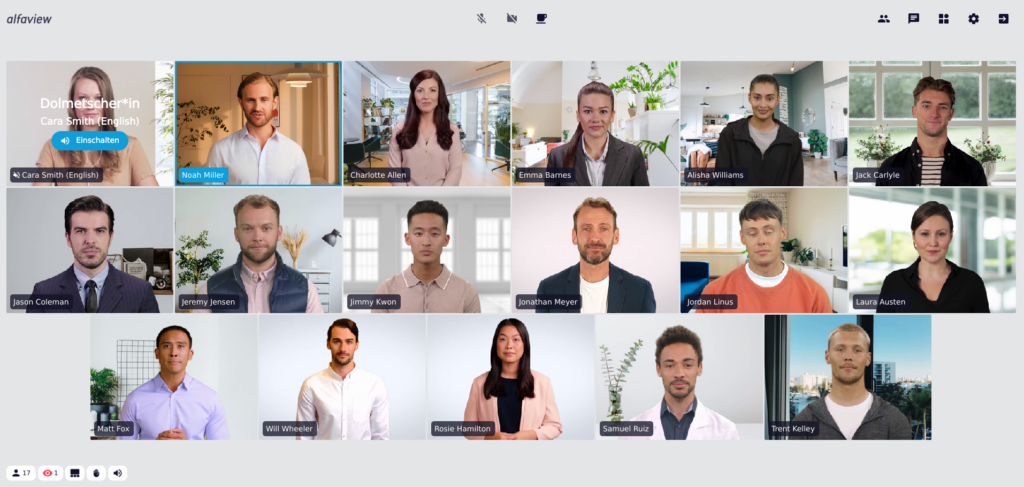 Screenshot eines alfaview-Raums, über dem Video der Dolmetscherin wird die blaue Schaltfläche Einschalten angezeigt.
