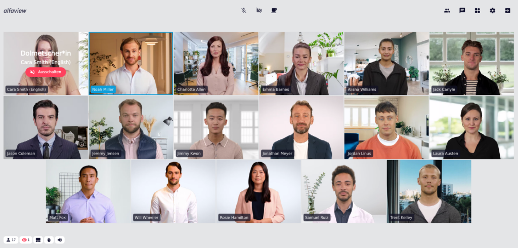 Screenshot eines alfaview-Raums, über dem Video der Dolmetscherin wird die rote Schaltfläche Ausschalten angezeigt.