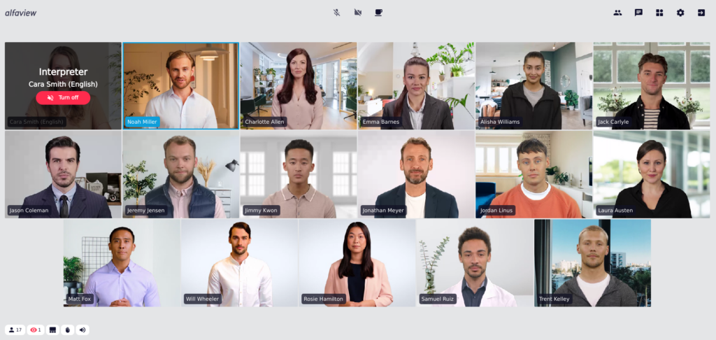 Screenshot of the alfaview app, a red 'Turn off' button is displayed as a layover over the interpreter's video.