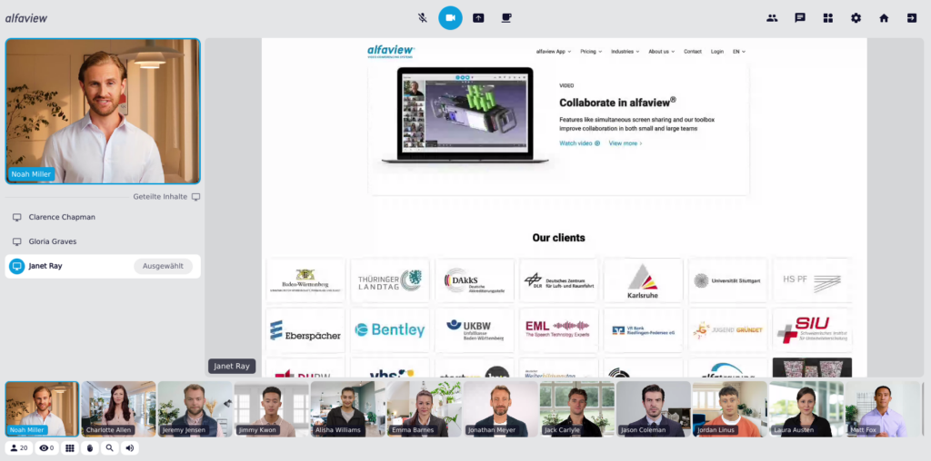 Screenshot der alfaview-App: eine Bildschirmübertragung läuft, Teilnehmende werden in der Sprecheransicht angezeigt