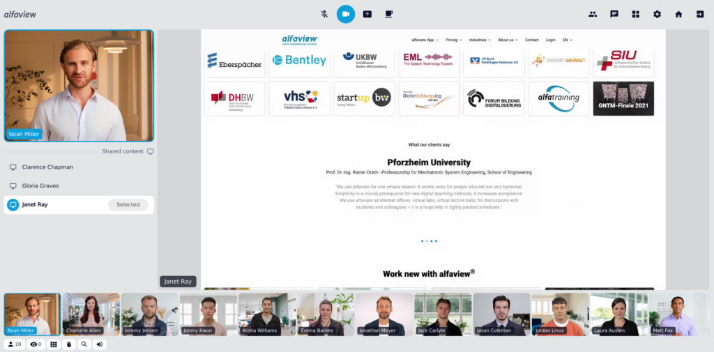Screenshot of the alfaview app: While a screen is being shared, the video of the person speaking is displayed on the left of the shared content while the other participants are displayed in a row below the shared content.