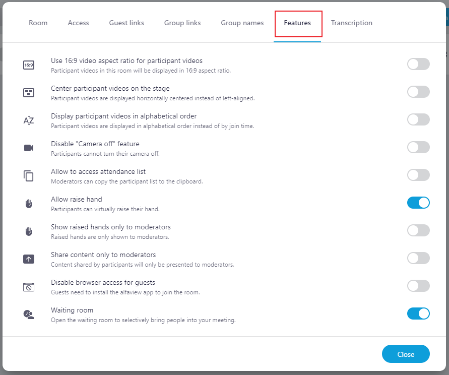A list of all room features that can be enabled and disabled from the administration interface.