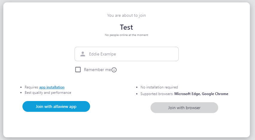 Screenshot of the alfaview Join window when joining as a guest