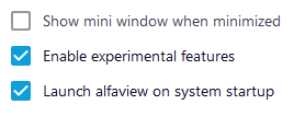 Screenshot of settings: The 'Show mini window when minimized' option in the app's settings is not checked