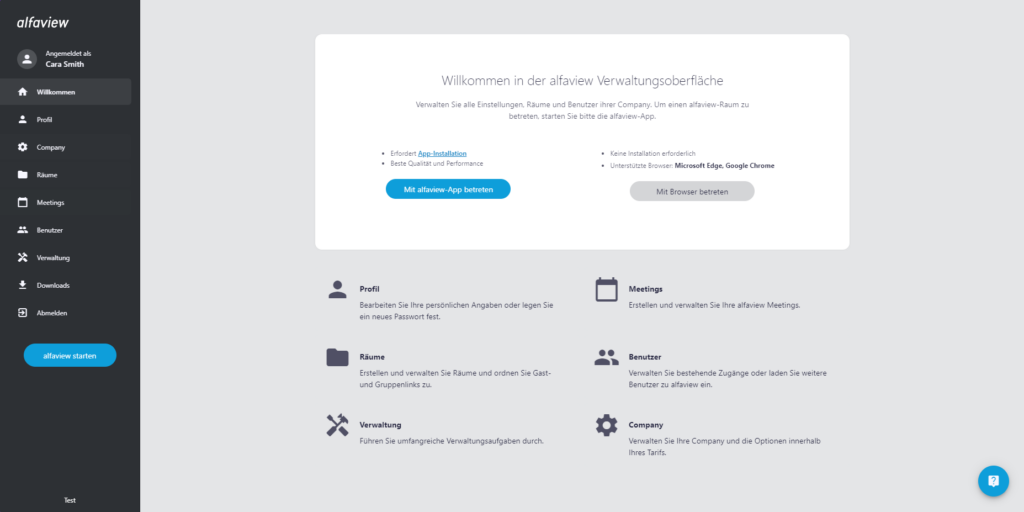Screenshot der alfaview Verwaltungsoberfläche