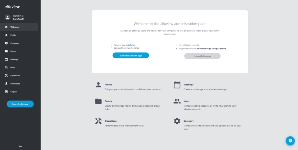Screenshot of alfaview's Administration page