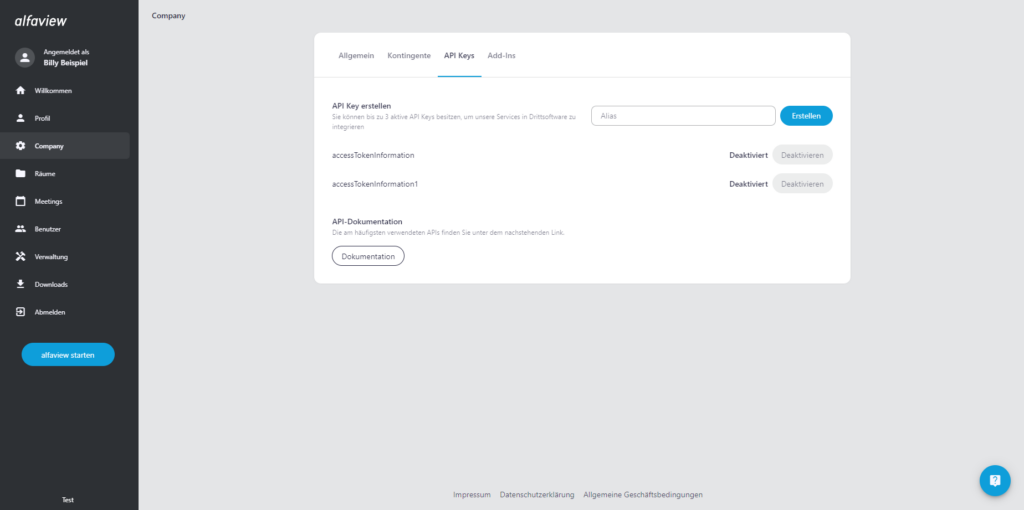 Screenshot der Seite Company in der Verwaltung, der Reiter API-Keys ist geöffnet.