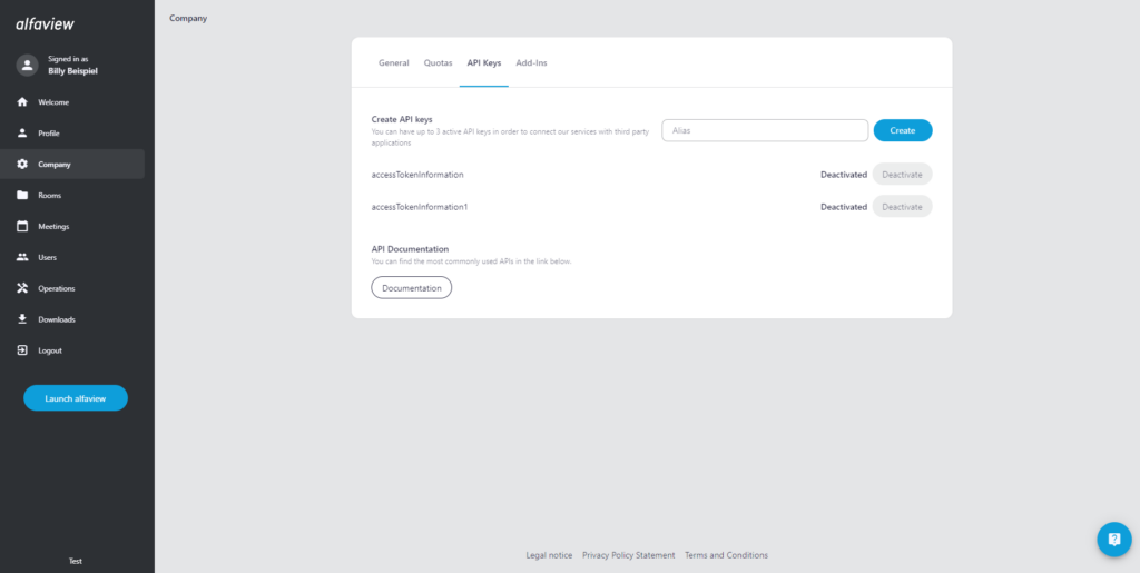 Screenshot of the Company Management page in the Administration Interface, with the API Keys tab open