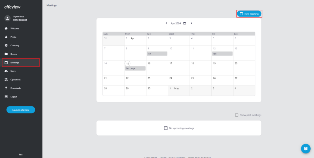 Screenshot of the meeting page in the administration interface