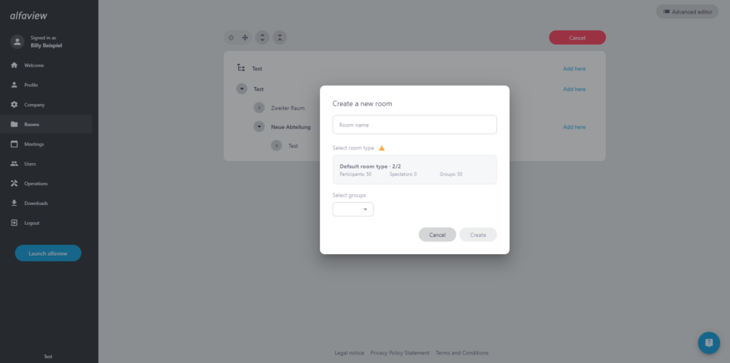 Screenshot of the 'Create new room' window on the room page