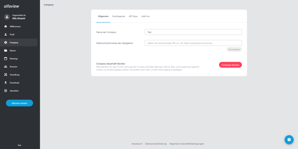 Screenshot der Company-Verwaltung auf der Verwaltungsoberfläche