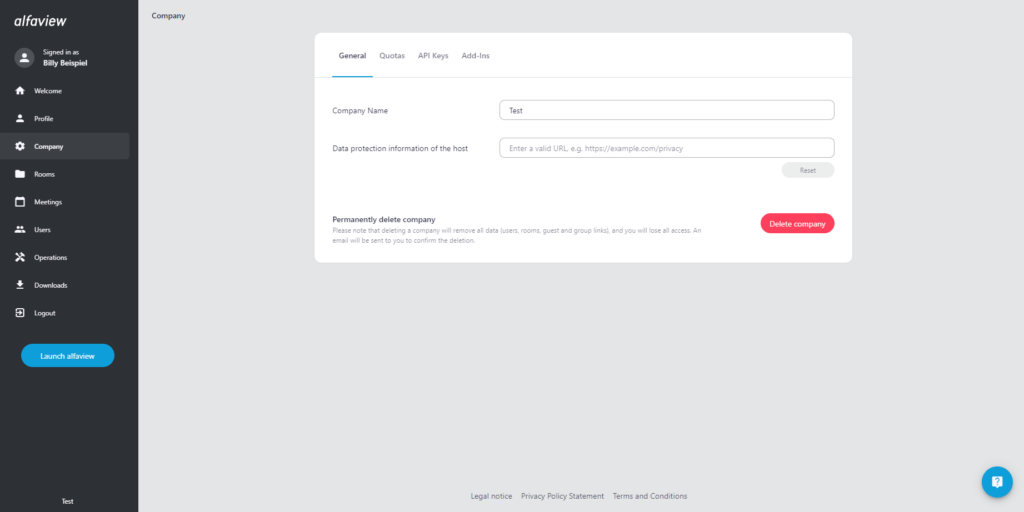 Screenshot of the company management on the administration page