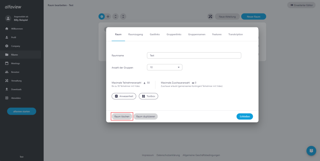 Screenshot des Reiters 'Raum' in der Raumverwaltung eines Raums, die Schaltfläche 'Raum löschen' ist rot umrandet