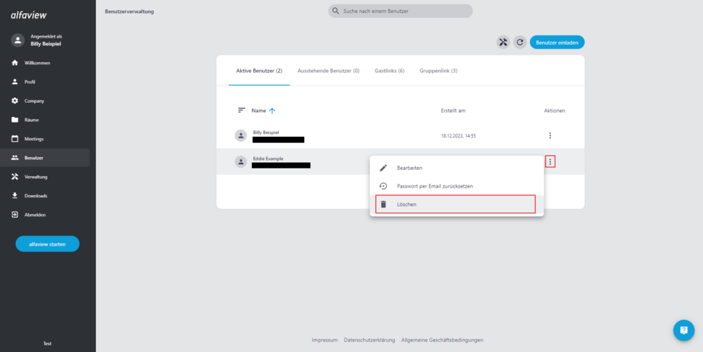 Screenshot der Benutzerverwaltung, im Kontextmenü eines Benutzers ist die Option Löschen rot umrahmt.