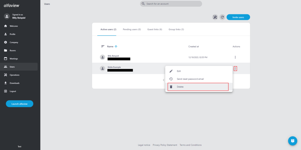 Screenshot of User Management in the Administration interface, a user's context menu is open and the Delete option is highlighted.