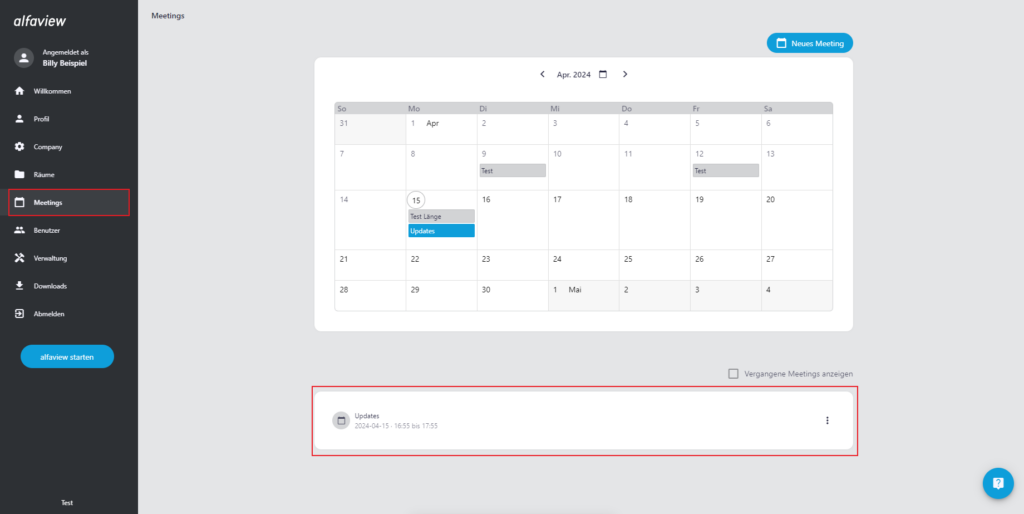 Screenshot der Meetingseite, ein Meeting in der Meetingliste ist umrandet