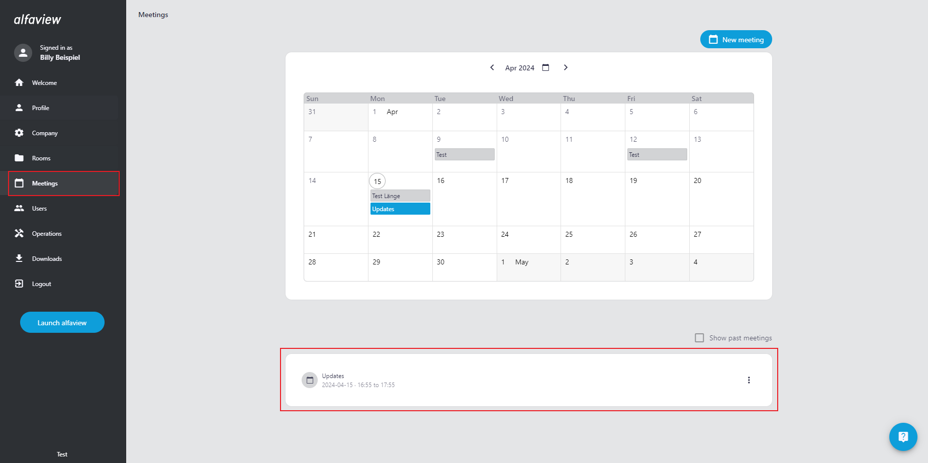 Screenshot of the meeting page, a meeting is highlighted in the meetings list.