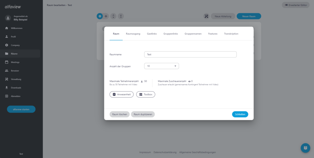 Screenshot der Raumverwaltung in den Raumeinstellungen eines Raums