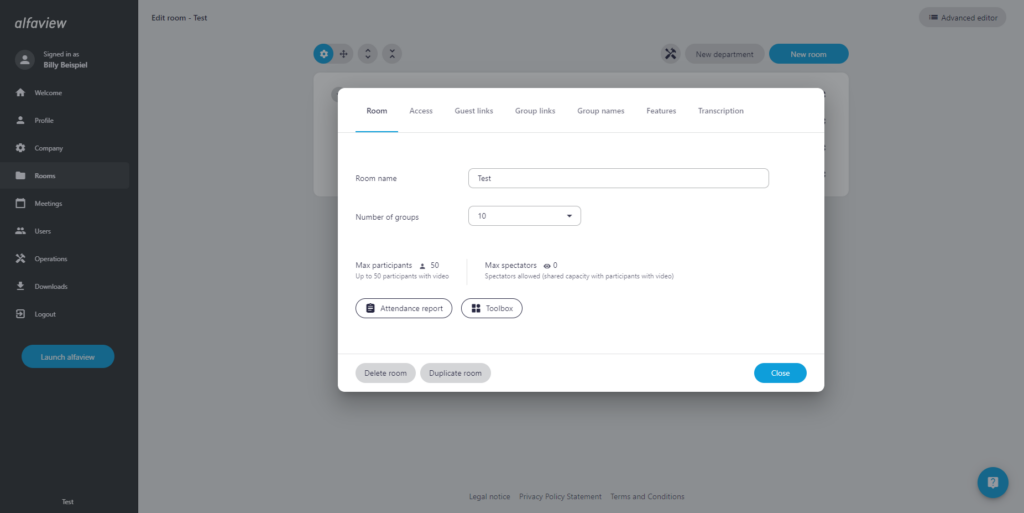 Screenshot of the 'Edit room' tab in the room management