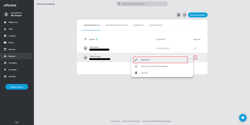 Screenshot der Benutzerverwaltung, im Kontextmenü eines Benutzers ist die Option Bearbeiten rot umrahmt.