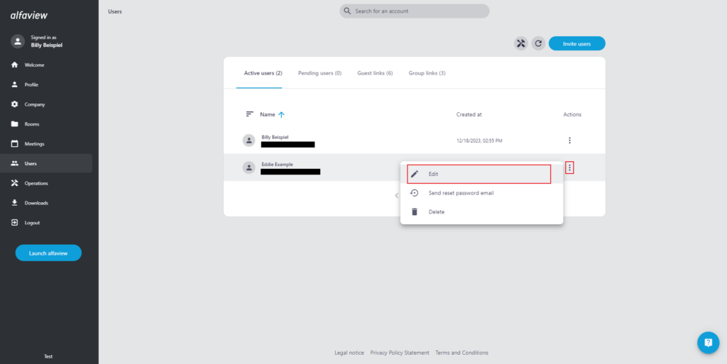 Screenshot of User Management in the Administration interface, a user's context menu is open and the Edit option is highlighted.