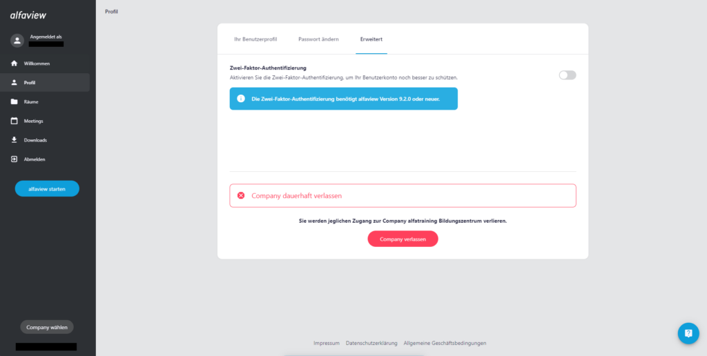 Screenshot des Reiters Erweitert auf der Seite Profil in der Verwaltung