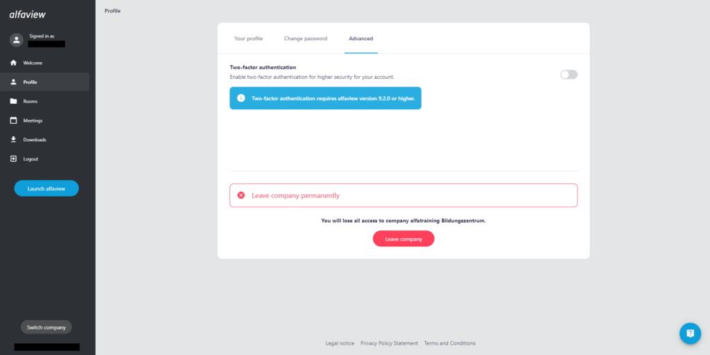 Screenshot of the Advanced tab on the profile page of the administration