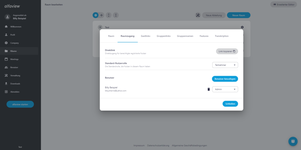 Screenshot des Reiters 'Raumzugang' in den Raumeinstellungen