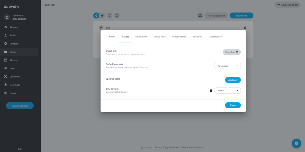 Screenshot of the Access tab in the room management