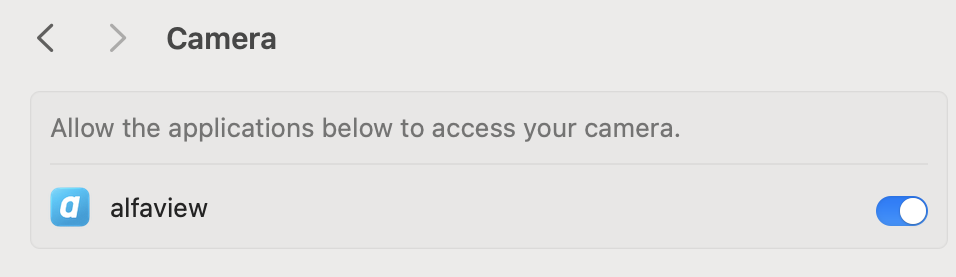 Screenshot of the Camera permission list, the permission for alfaview is checked