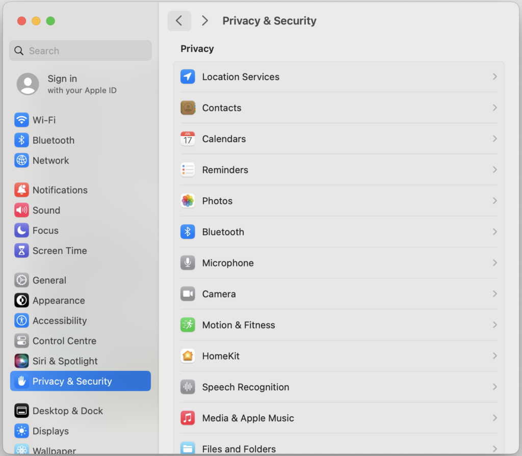 Screenshot of the Privacy & Security settings under Sonoma