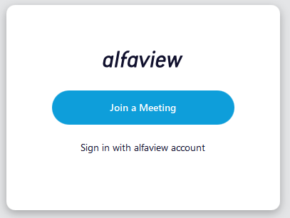 The landing page with the blue button Join a meeting and the button Sign in with alfaview account