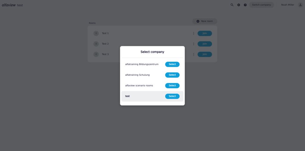 A list of all the companies that the user is a part of with their user account.