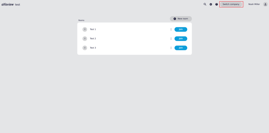 The room list in the app. The "Switch company" button has a red frame around it