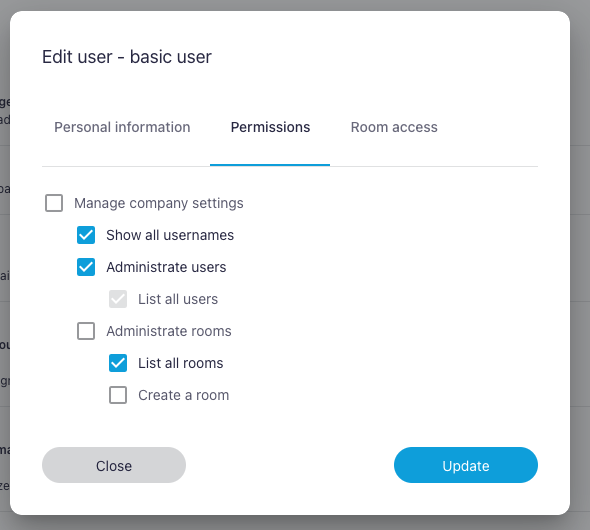 A screenshot of the administration interface showing the structure of the permissions