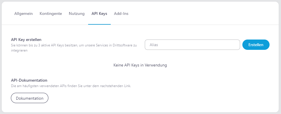 Screenshot des Reiters API Keys der Company-Verwaltung in der Verwaltungsoberfläche